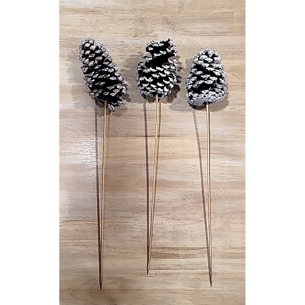 Set Of 3 Large White And Glitter Tipped Pine Cone Picks- Christmas-Porch Pot